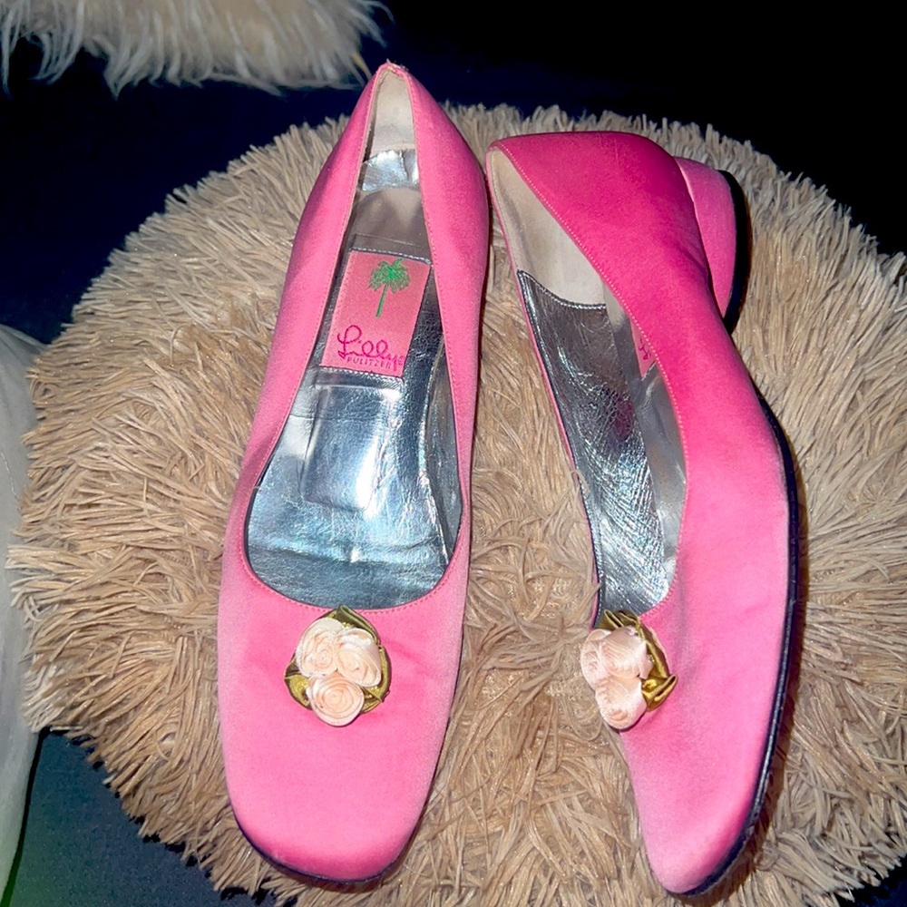 🌹FINAL PRICE! Lilly Pulitzer EUC Pink Satin Sz 6.5M W/ Pink/Green 🌸 Shoes!